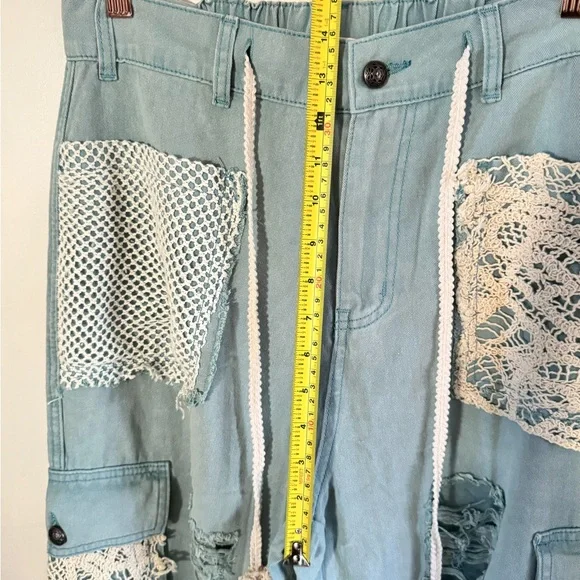 POL Dusty teal Distressed Cargo Pants with Lace Accents - Picture 13 of 15